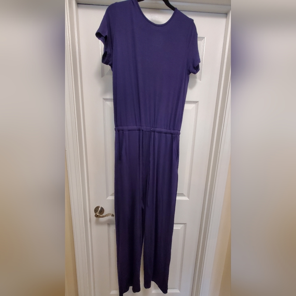 Short sleeve women's romper ankle length, navy, size medium